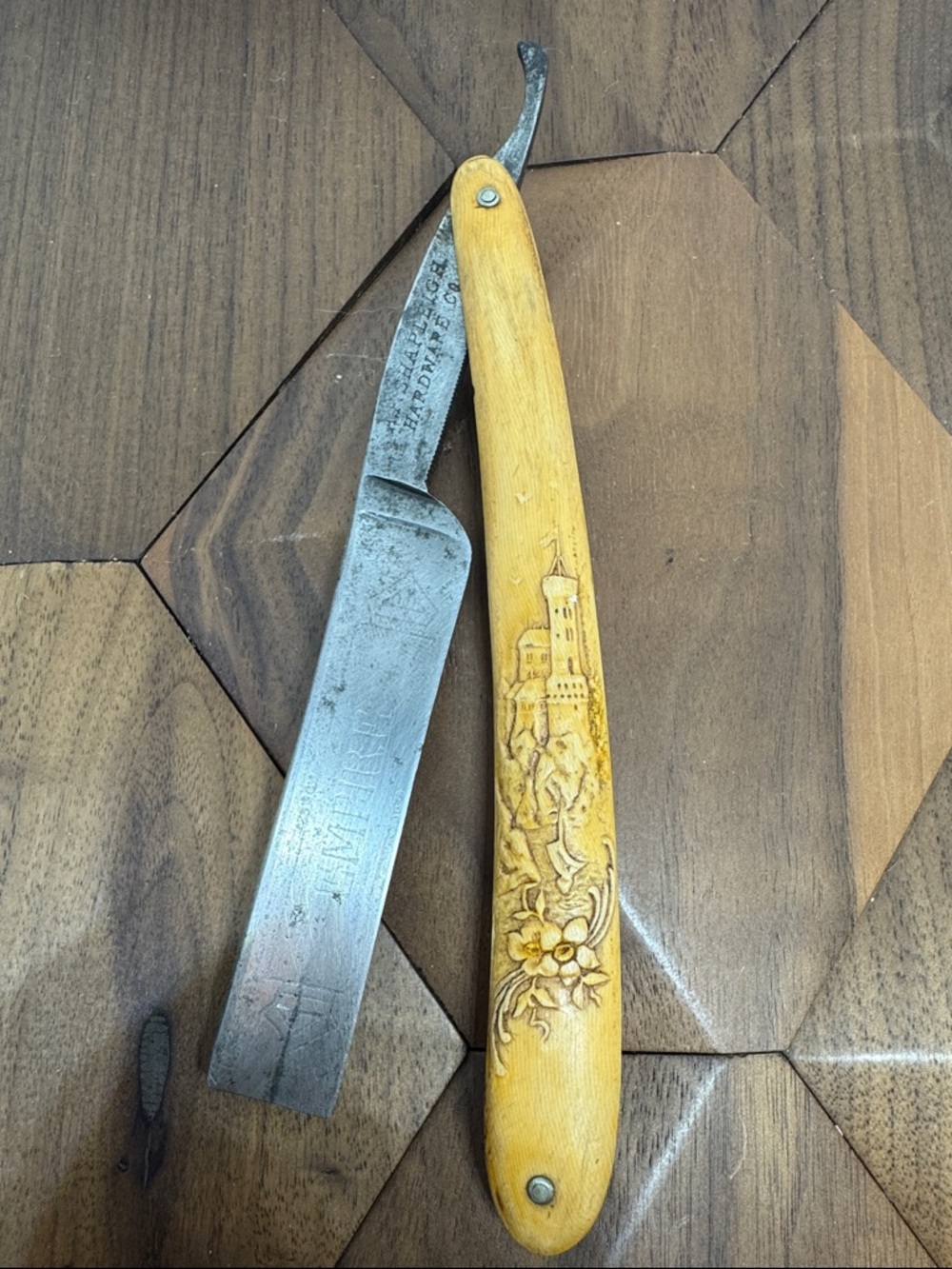 Vintage Shapleigh Straight Razor Germany Carved Bone Handle Castle Flower Empire